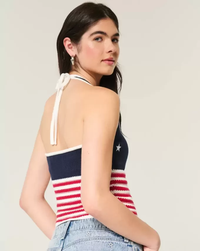 American Flag Pattern Crochet-Style Halter Top