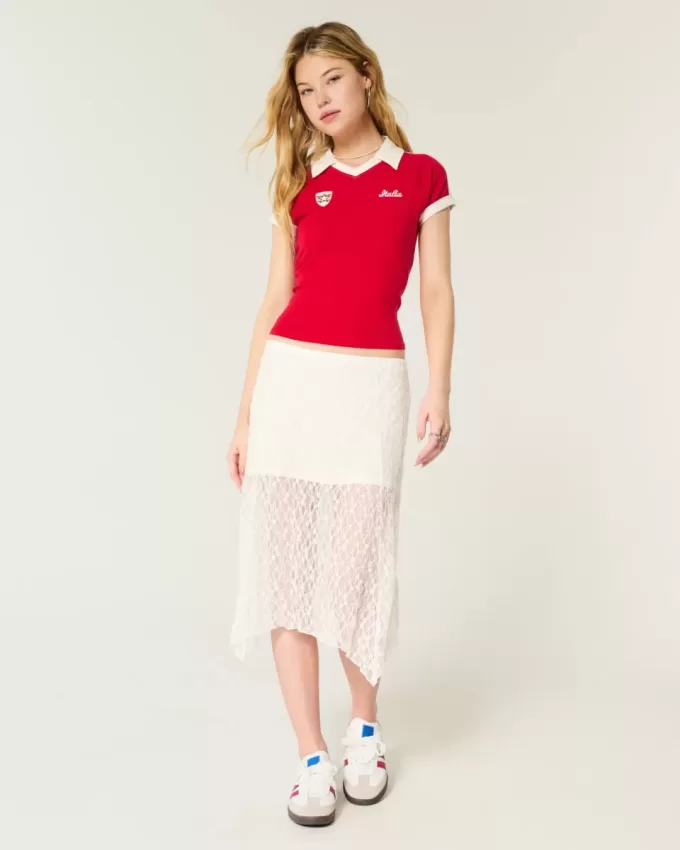 Asymmetrical Hem Lace Midi Skirt