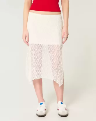 Asymmetrical Hem Lace Midi Skirt