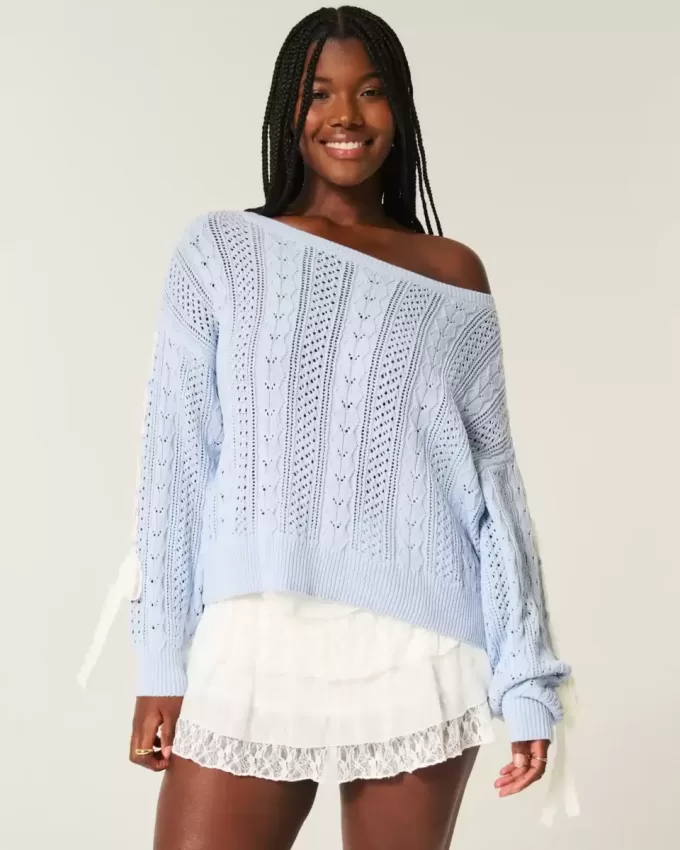 Bow-Sleeve Cable-Knit Sweater