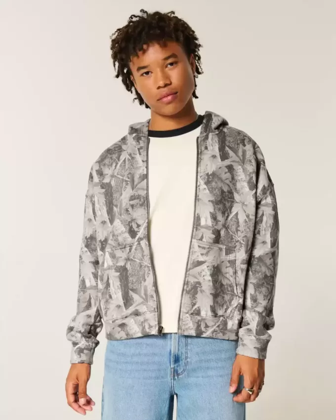Boxy Camo Zip-Up Hoodie