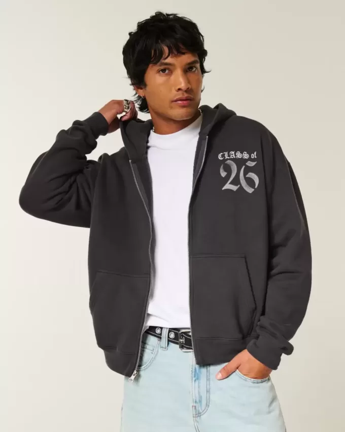 Boxy Class of 26 Graphic Zip-Up Hoodie