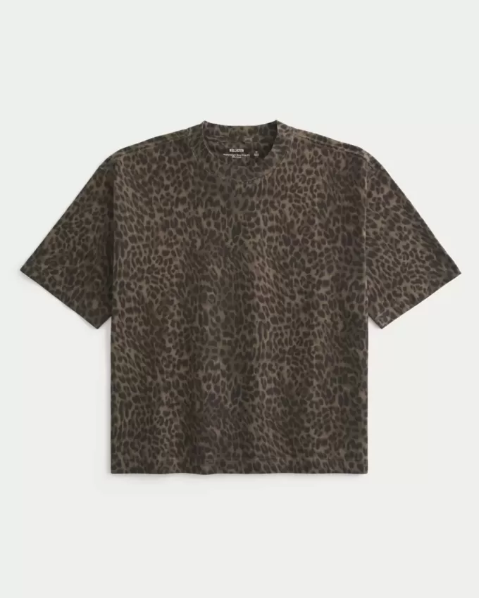 Boxy Crop Heavyweight Leopard Print Crew T-Shirt