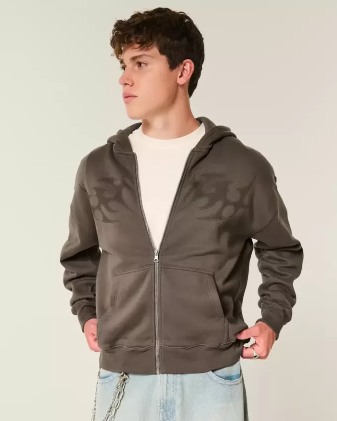 Boxy Flame Graphic Zip-Up Hoodie