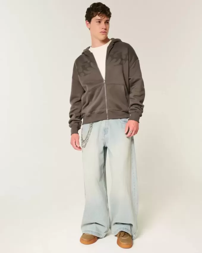 Boxy Flame Graphic Zip-Up Hoodie