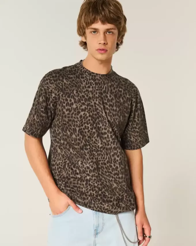 Boxy Heavyweight Leopard Print Cotton Crew T-Shirt