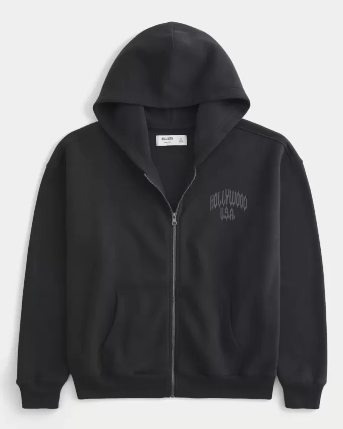Boxy Hollywood Graphic Zip-Up Hoodie