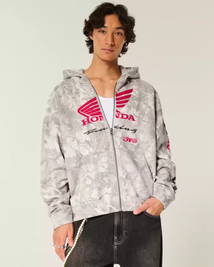 Boxy Honda Racing Graphic Zip-Up Hoodie