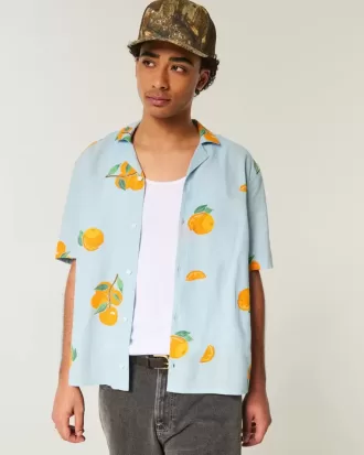 Boxy Linen-Blend Orange Pattern Shirt