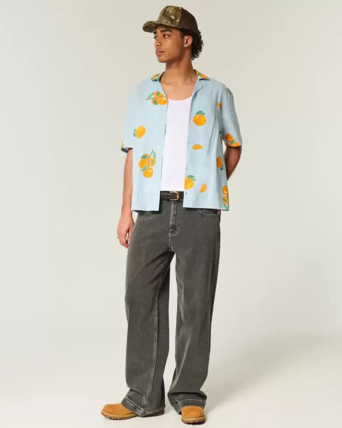 Boxy Linen-Blend Orange Pattern Shirt