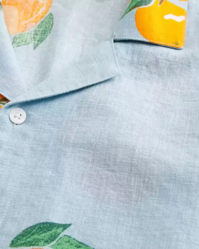 Boxy Linen-Blend Orange Pattern Shirt