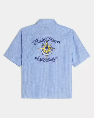 Boxy Linen-Blend Short-Sleeve Half Moon Graphic Shirt