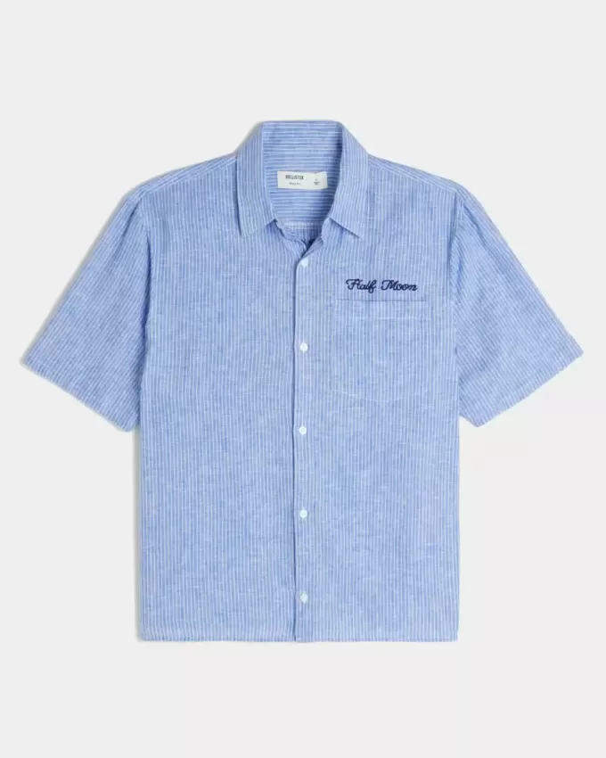 Boxy Linen-Blend Short-Sleeve Half Moon Graphic Shirt Boxy Linen-Blend Short-Sleeve Half Moon Graphic Shirt