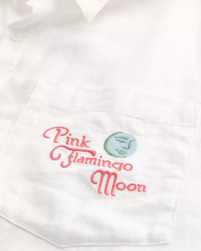 Boxy Linen-Blend Short-Sleeve Pink Flamingo Moon Graphic Shirt
