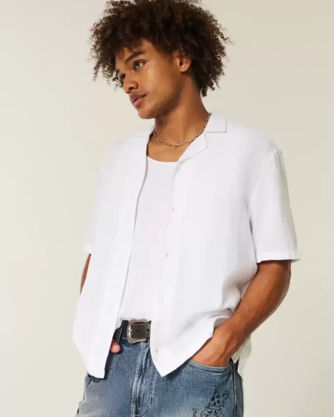Boxy Linen-Blend Short-Sleeve Textured Shirt Boxy Linen-Blend Short-Sleeve Textured Shirt