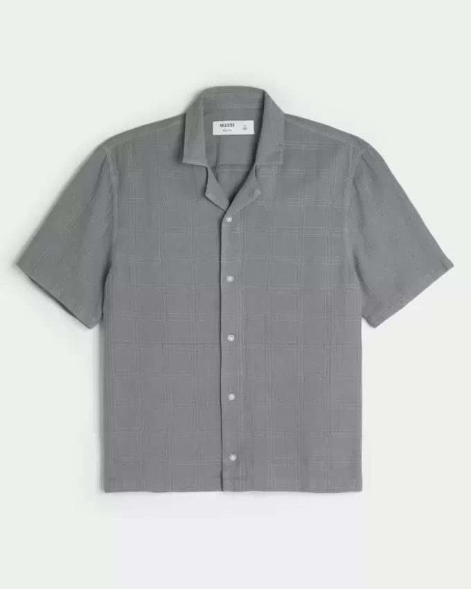 Boxy Linen-Blend Short-Sleeve Textured Shirt