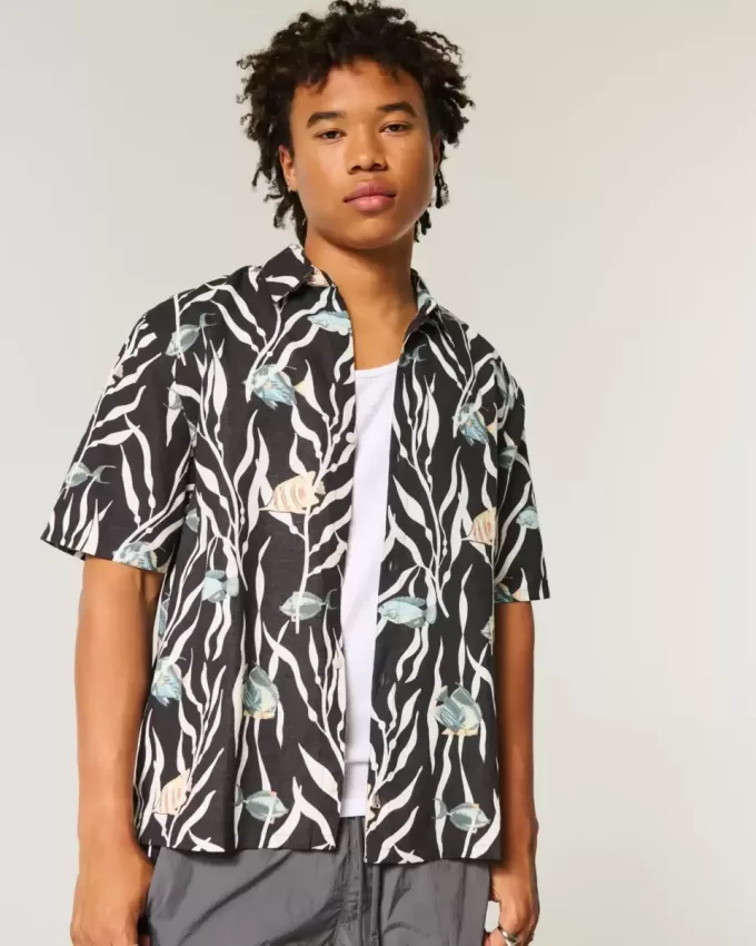 Boxy Tropical Fish Pattern Linen-Blend Shirt Boxy Tropical Fish Pattern Linen-Blend Shirt
