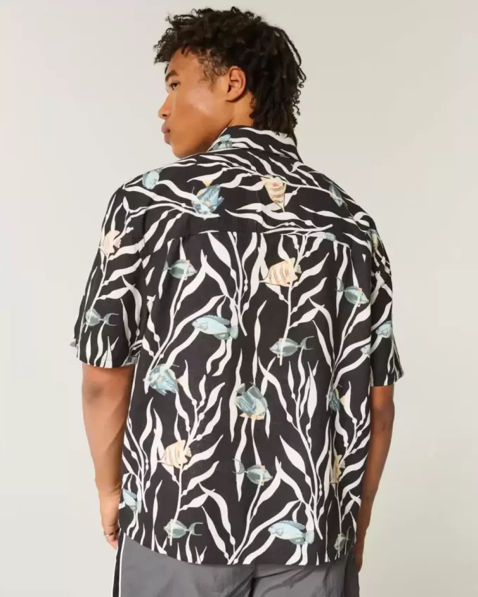 Boxy Tropical Fish Pattern Linen-Blend Shirt Boxy Tropical Fish Pattern Linen-Blend Shirt