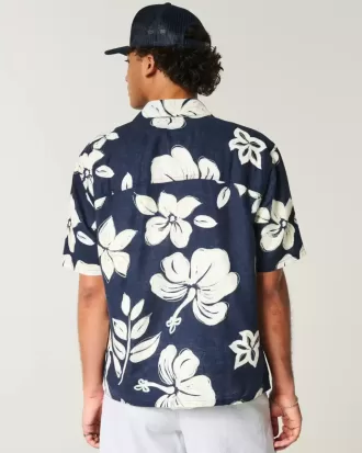 Boxy Tropical Pattern Linen-Blend Shirt