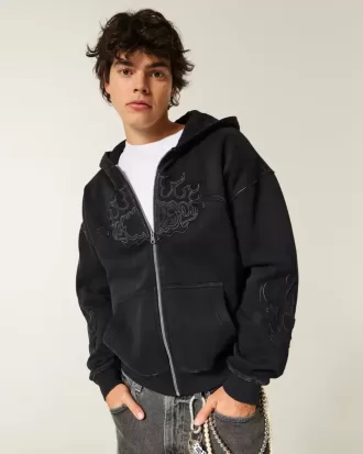 Boxy Zip-Up Flame Graphic Hoodie