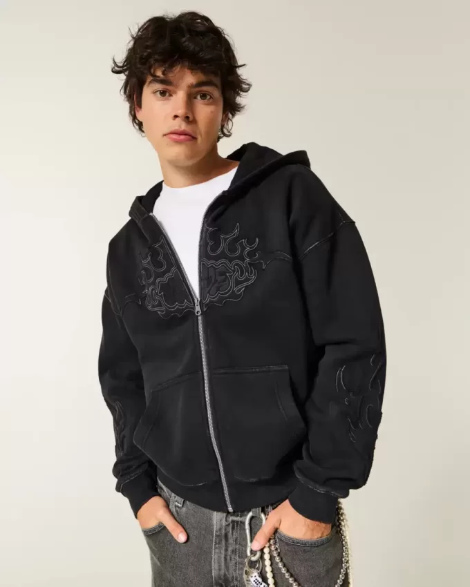 Boxy Zip-Up Flame Graphic Hoodie