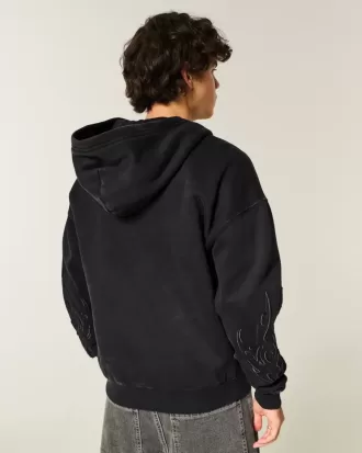 Boxy Zip-Up Flame Graphic Hoodie