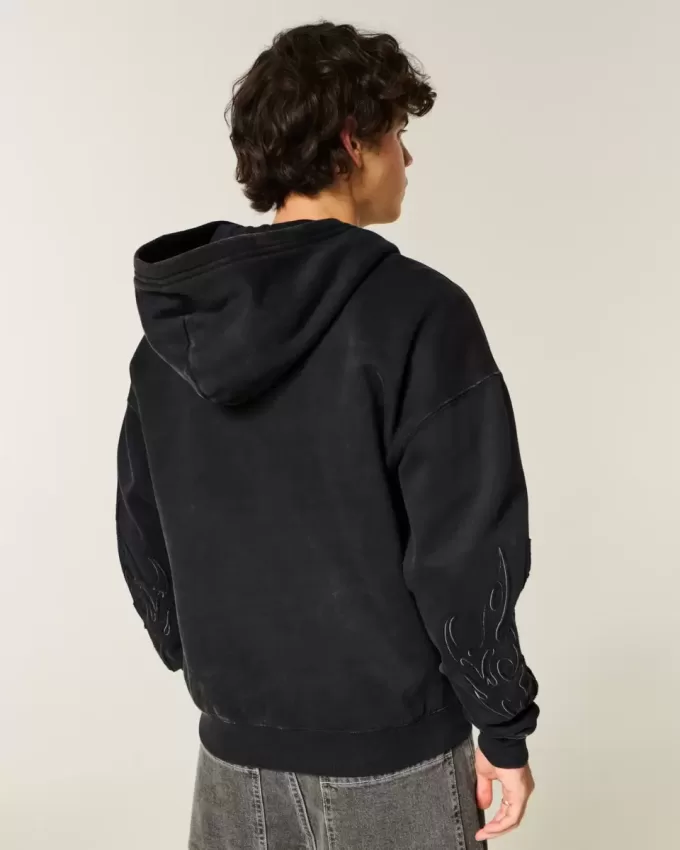 Boxy Zip-Up Flame Graphic Hoodie