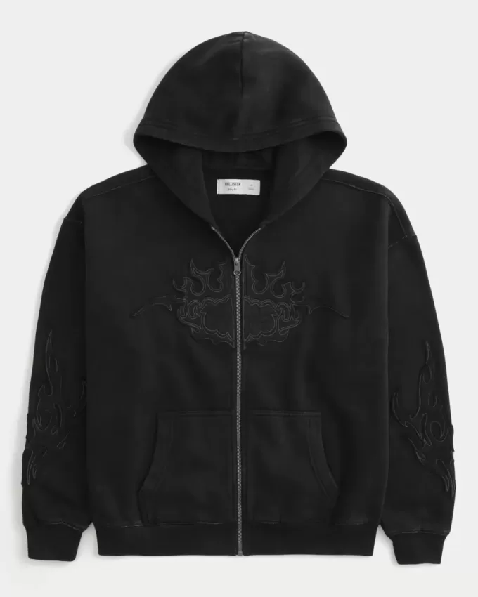 Boxy Zip-Up Flame Graphic Hoodie