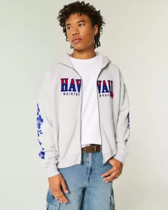 Boxy Zip-Up Hawaii Graphic Sweatshirt