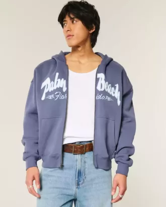 Boxy Zip-Up Palm Beach Graphic Sweatshirt