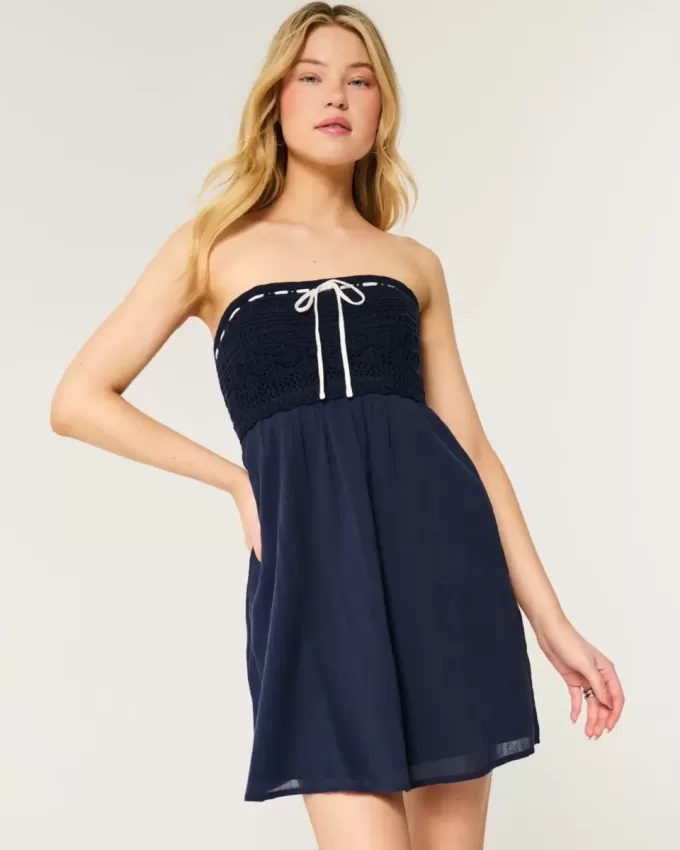 Crochet-Style Mix Strapless Mini Dress