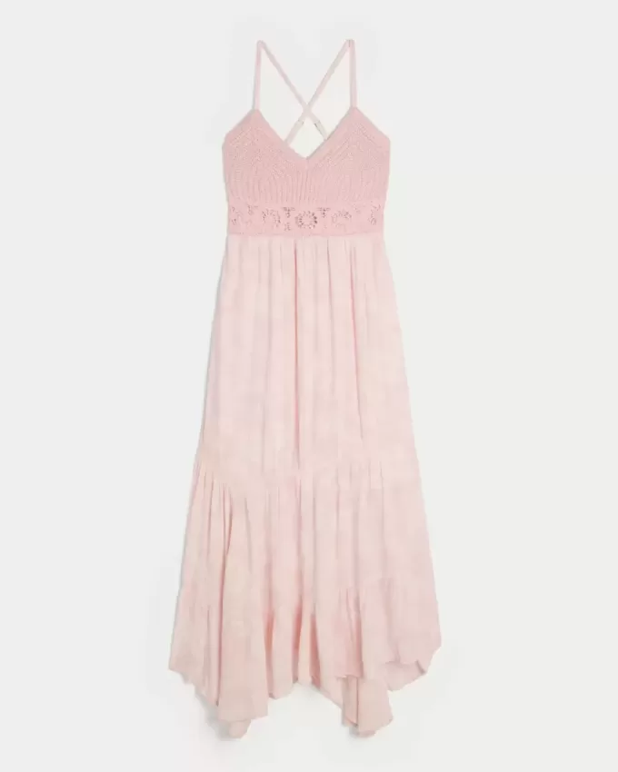 Crochet-Style Mix V-Neck Maxi Dress