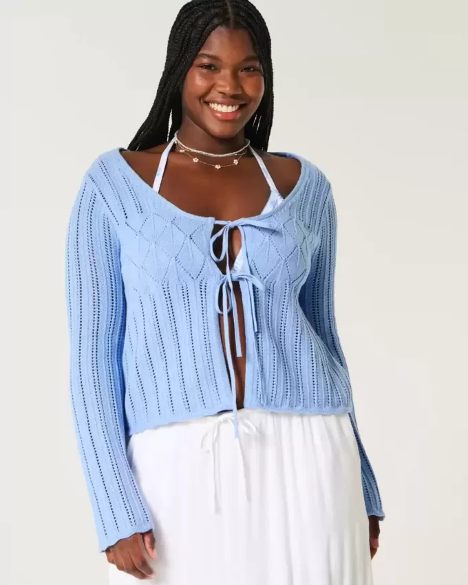 Crochet-Style Tie-Front Textured Sweater