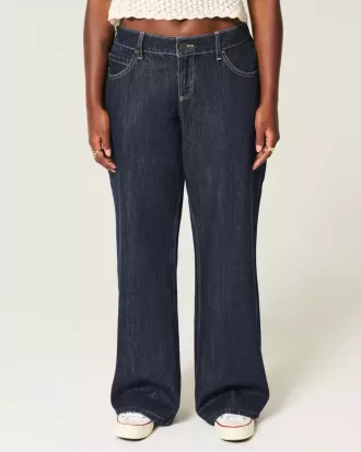 Curvy Low-Rise Dark Wash Foldover Waist Baggy Jeans