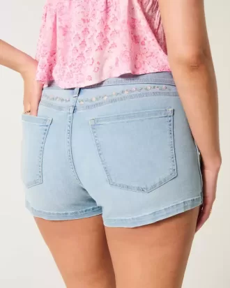 Curvy Low-Rise Light Wash Floral Embroidered Denim Shortie Shorts