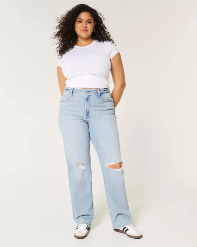 Curvy Ultra High-Rise Ripped Light Wash Dad Jeans