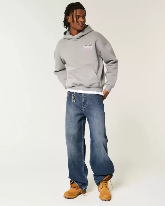 Dark Wash Logo Embroidery Super Baggy Jeans