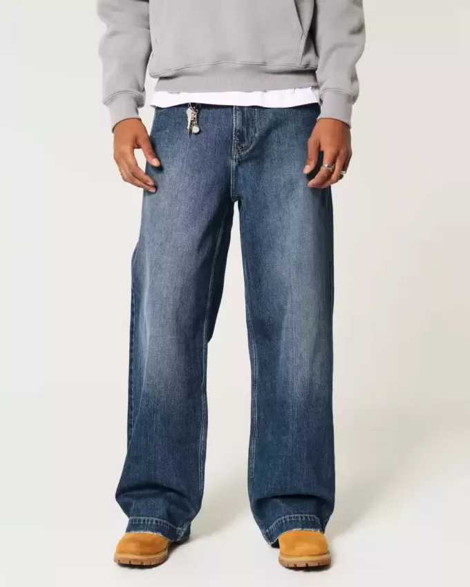 Dark Wash Logo Embroidery Super Baggy Jeans