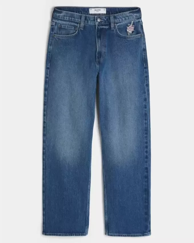 Dark Wash Rose Graphic Baggy Jeans