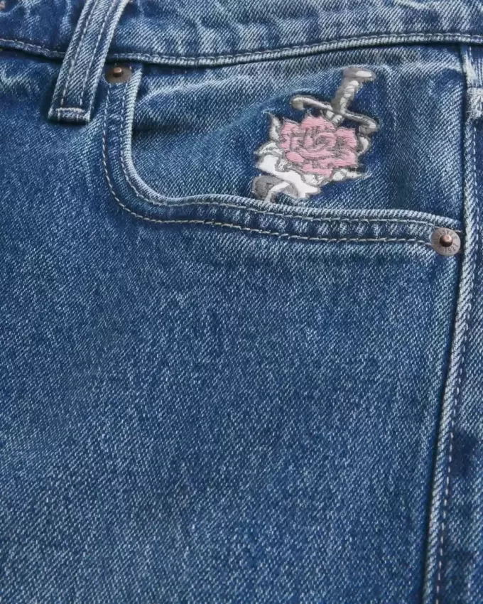 Dark Wash Rose Graphic Baggy Jeans