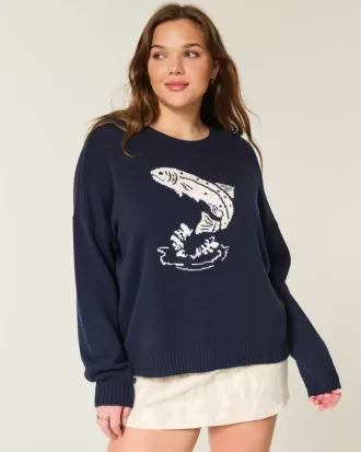 Easy Jumping Fish Graphic Crew Sweater