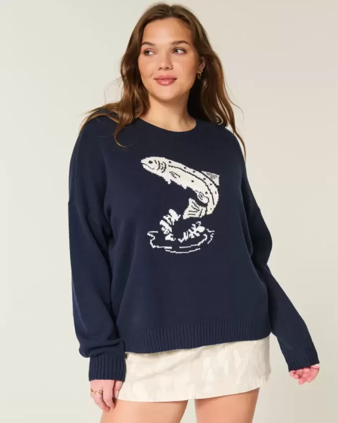 Easy Jumping Fish Graphic Crew Sweater
