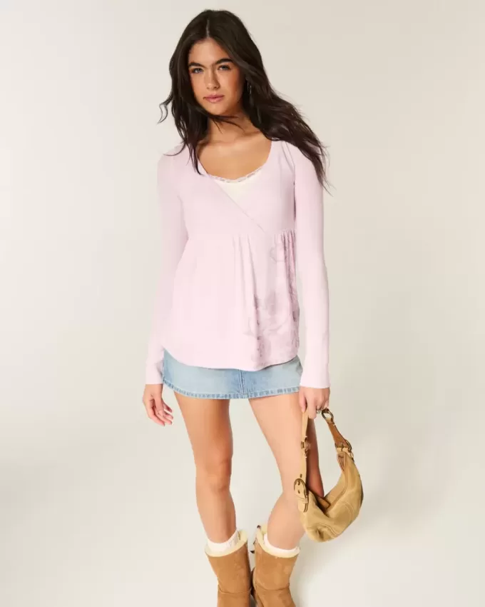 Easy Long-Sleeve Floral Pattern Babydoll Top