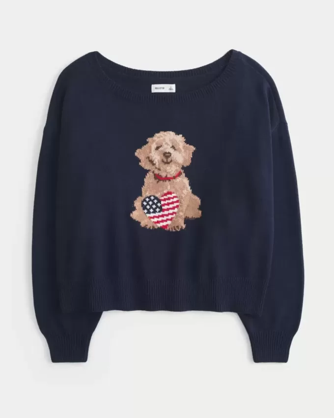 Easy Off-the-Shoulder Dog Graphic Sweater