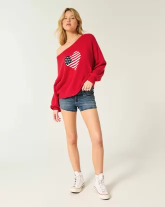 Easy Off-the-Shoulder Heart Flag Graphic Sweater