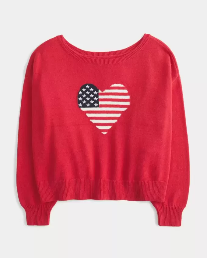 Easy Off-the-Shoulder Heart Flag Graphic Sweater