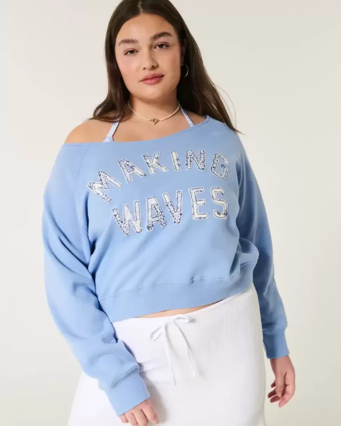 Easy Off-the-Shoulder Making Waves Graphic Crew Sweatshirt Easy Off-the-Shoulder Making Waves Graphic Crew Sweatshirt
