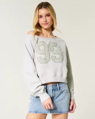Easy Off-the-Shoulder Number Graphic Crew Sweatshirt