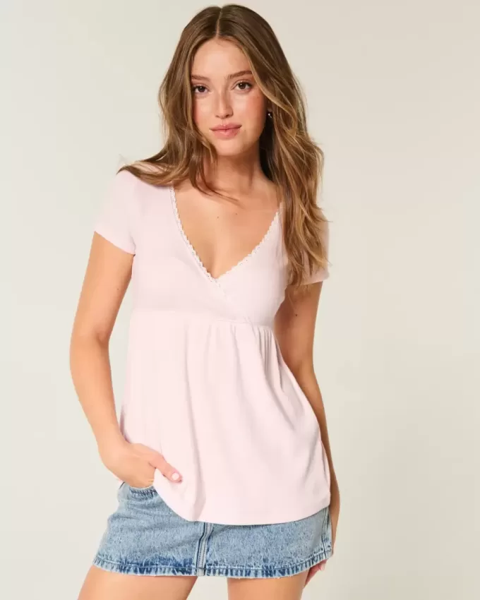 Easy Short-Sleeve Lace Trim Babydoll Top