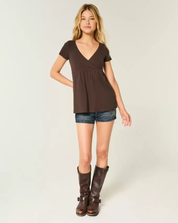 Easy Short-Sleeve Lace Trim Babydoll Top